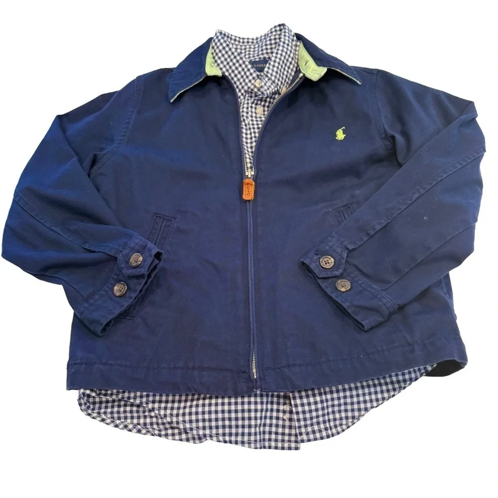 Ralph Lauren Boys Zip Up Blue Jacket & Blue Check Shirt Sz 6, 2 Pcs Set
